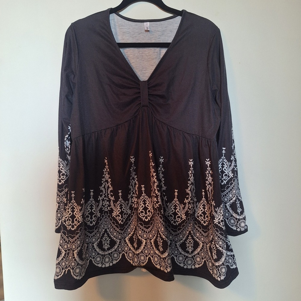 Rosegal Black White V-Neck Empire Waist Tunic Top Size 14